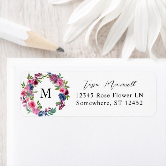 Hot Pink & Navy Blue Floral 3 Retouradreslabel Etiket (Insitu)