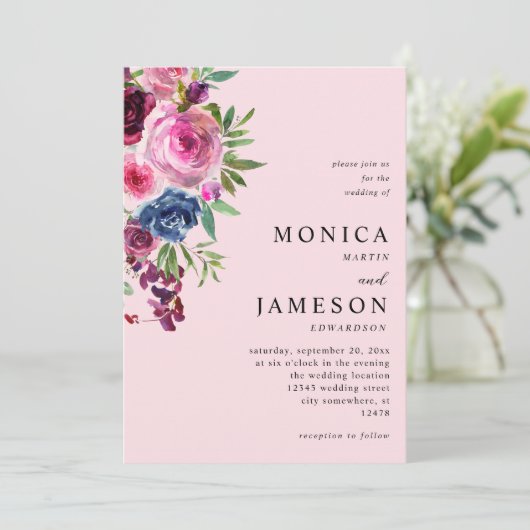 Hot Pink & Navy Blue Floral bruiloft uitnodiging 3 (Staand voorkant)