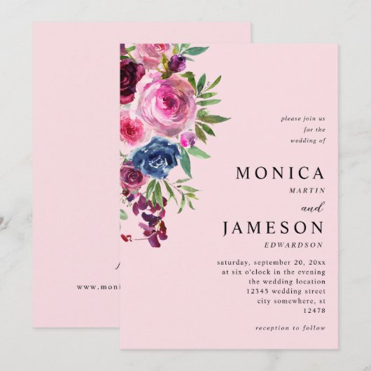 Hot Pink & Navy Blue Floral bruiloft uitnodiging 3 (Voorkant / Achterkant)