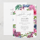 Hot Pink & Navy Blue Floral Graduation Party Kaart (Voorkant / Achterkant)