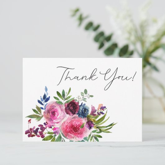 Hot Pink & Navy Blue Floral Hartelijk dank Bedankkaart (Staand voorkant)