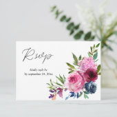 Hot Pink & Navy Blue Floral met meel RSVP Kaartje (Staand voorkant)