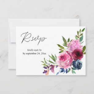 Hot Pink & Navy Blue Floral met meel RSVP Kaartje