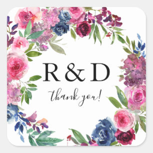 Hot Pink & Navy Blue Floral Monogram - Square Stic Vierkante Sticker