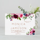 Hot Pink & Navy Blue Floral Wedding Folie Uitnodiging (Staand Voorkant)