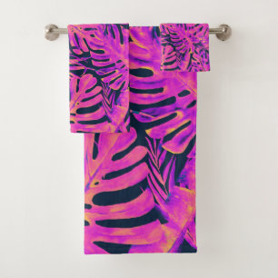 Hot Pink & Navy Blue Tropical Palm Leaves Island  Bad Handdoek