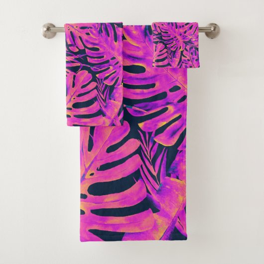 Hot Pink & Navy Blue Tropical Palm Leaves Island Bad Handdoek (Insitu)
