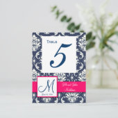 Hot Pink Navy Damask Trouwtafel Nummer Briefkaart (Staand voorkant)