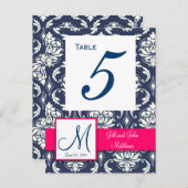 Hot Pink Navy Damask Trouwtafel Nummer Briefkaart (Voorkant / Achterkant)