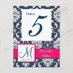 Hot Pink Navy Damask Trouwtafel Nummer Briefkaart
