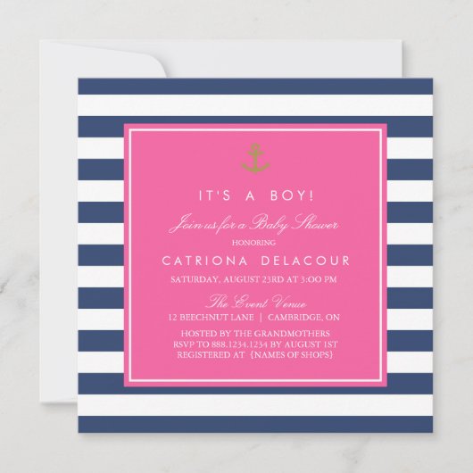 Hot Pink & Navy Nautical Baby shower Invitation Kaart (Voorkant)