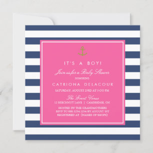 Hot Pink & Navy Nautical Baby shower Invitation Kaart