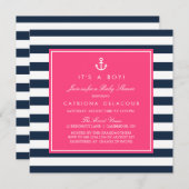 Hot Pink & Navy Nautical Baby shower Invitation Kaart (Voorkant / Achterkant)