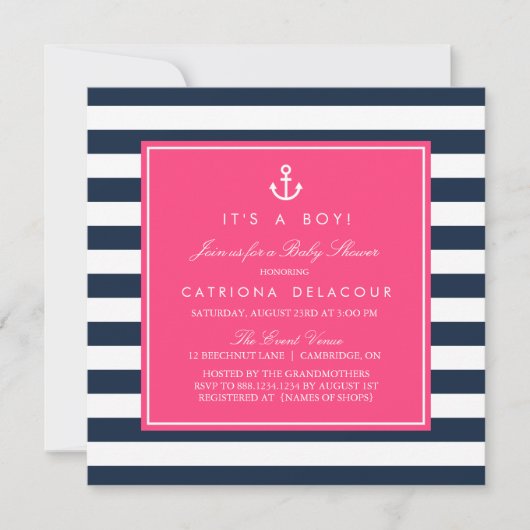 Hot Pink & Navy Nautical Baby shower Invitation Kaart (Voorkant)
