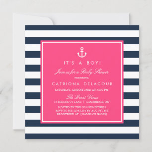 Hot Pink & Navy Nautical Baby shower Invitation Kaart