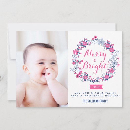 Hot Pink & Navy Nautische Krans Vakantie Fotokaart Feestdagenkaart (Voorkant)