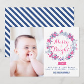 Hot Pink & Navy Nautische Krans Vakantie Fotokaart Feestdagenkaart (Voorkant / Achterkant)