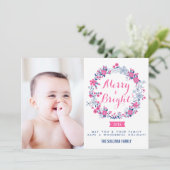 Hot Pink & Navy Nautische Krans Vakantie Fotokaart Feestdagenkaart (Staand voorkant)