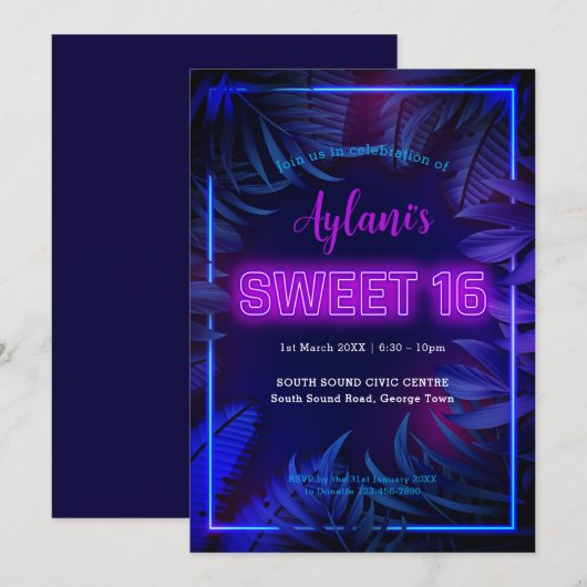 Hot Pink Neon Glow Sweet 16 Verjaardagsfeestje Kaart (Voorkant / Achterkant)