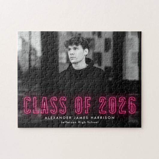 Hot Pink Neon Klasse van 2025 Afstuderen Foto Legpuzzel (Horizontaal)