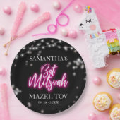 Hot Pink Neon-Theme Bat Mitswa Papieren Bordje (Feest)