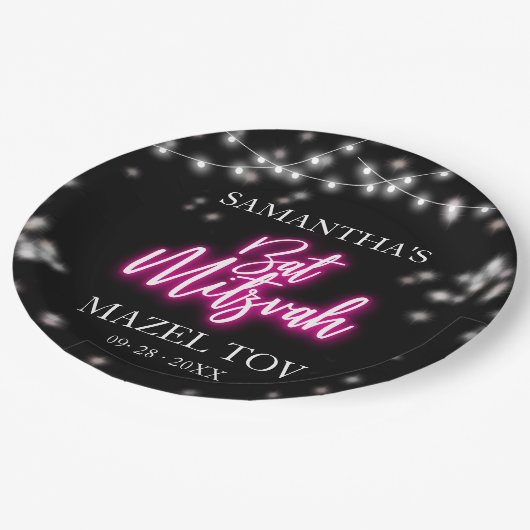 Hot Pink Neon-Theme Bat Mitswa Papieren Bordje (Gekanteld)