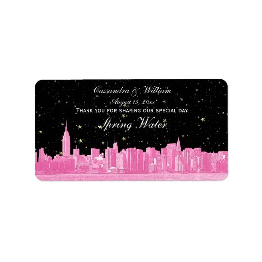 Hot Pink NYC Wide Starry Skyline Etch Water Bottle Etiket (Voorkant)