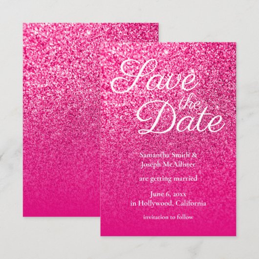 Hot Pink Ombre Glitter Save the Date Kaart (Voorkant / Achterkant)