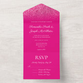 Hot Pink Ombre Glitter Wedding All In One Uitnodiging (Binnen)