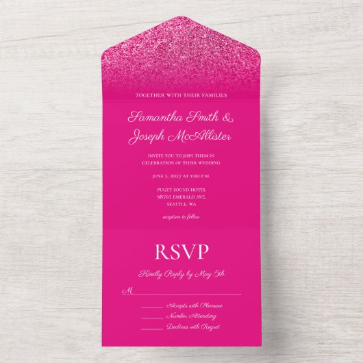 Hot Pink Ombre Glitter Wedding All In One Uitnodiging (Binnen)