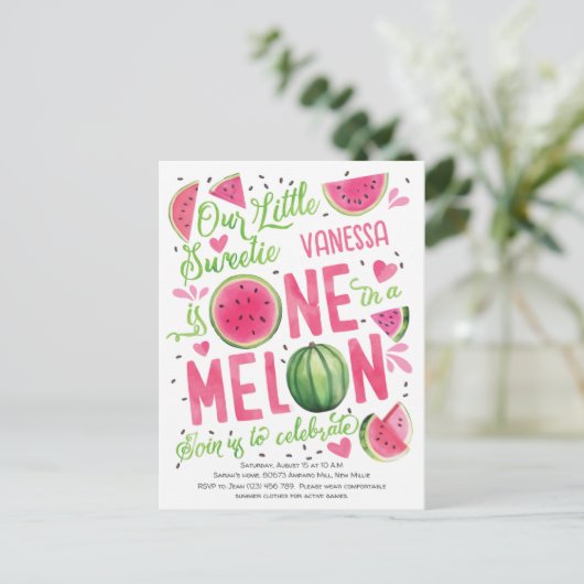 Hot Pink One in a Melon, Schattigee Watermeloen 1s Uitnodiging Briefkaart (Staand voorkant)