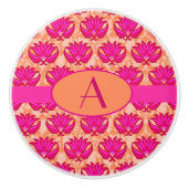 Hot Pink Oranje Art Nouveau Damask Monogram Keramische Knop (Voorkant)