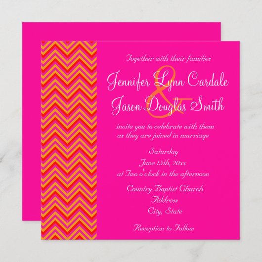 Hot Pink Oranje Chevron Weddenschap Kaart (Voorkant / Achterkant)