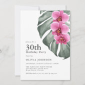 Hot Pink Orchids on Monstera 30th Birthday Party Kaart (Voorkant)