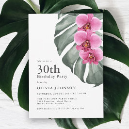 Hot Pink Orchids on Monstera 30th Birthday Party Kaart