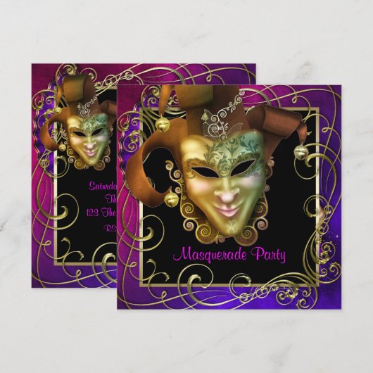 Hot Pink Paarse Gold Masquerade Party Uitnodiginge Kaart (Voorkant / Achterkant)