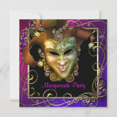 Hot Pink Paarse Gold Masquerade Party Uitnodiginge Kaart (Voorkant)
