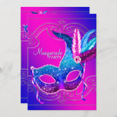 Hot Pink Paarse Masquerade Party Kaart (Voorkant / Achterkant)