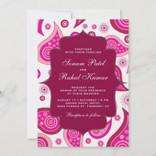 Hot Pink Paisley Pattern Indian Wedding Kaart (Voorkant)
