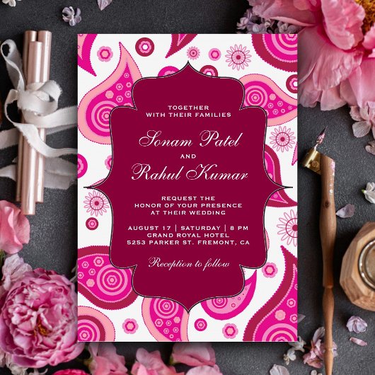 Hot Pink Paisley Pattern Indian Wedding Kaart