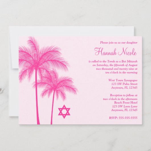 Hot Pink Palm Tree Tropical Bat Mitzvah Invitation Kaart (Voorkant)