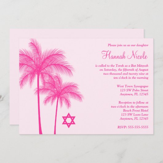 Hot Pink Palm Tree Tropical Bat Mitzvah Invitation Kaart (Voorkant / Achterkant)