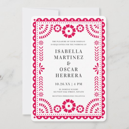 Hot-Pink Papel Picado geïnspireerde huwelijksuitno Kaart (Voorkant)