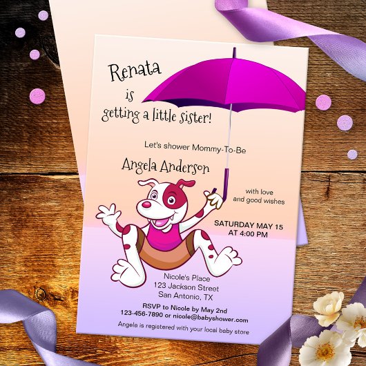 Hot Pink Paraplu Funny Dog Baby shower Invitation Kaart