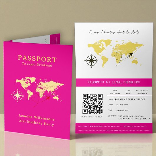 Hot Pink Passport Style 21st Birthday Party  Aankondiging
