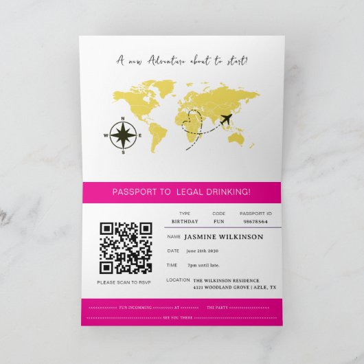 Hot Pink Passport Style 21st Birthday Party  Aankondiging (Binnen)