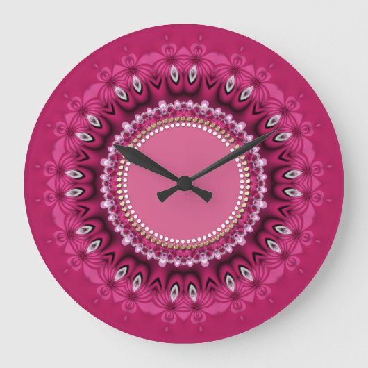 Hot Pink Peacock Lace Mandala wandklok (Voorkant)