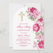 Hot Pink Peonies Arch First Communion Kaart (Voorkant)