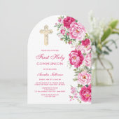Hot Pink Peonies Arch First Communion Kaart (Staand voorkant)