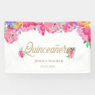 Hot Pink Peonies Quinceanera Welcome Banner